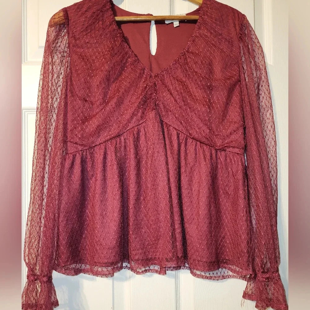 Calligraphie Burgundy Red Lacy Sheer Babydoll Empire Waist Blouse‎ Size Large